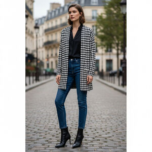 Cyrus Black White Houndstooth Long Sleeve Cozy Soft Open Cardigan Oversized XS